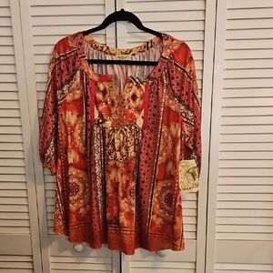 ONE WORLD Orange and Red Boho Blouse